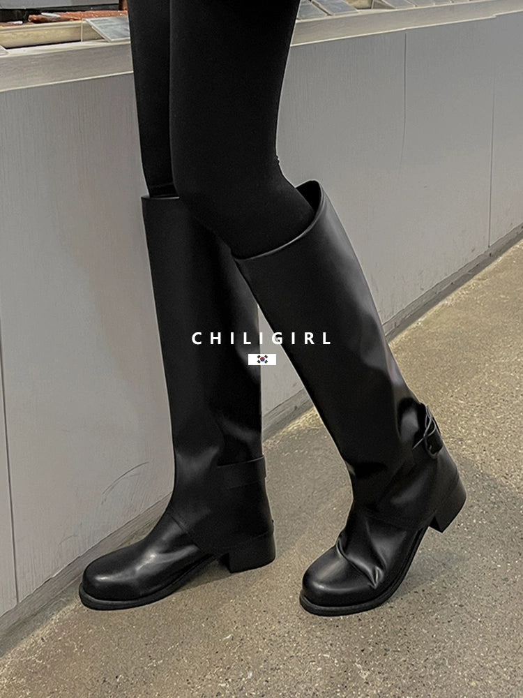 CHILIGIRL High Boots Belt Buckle Straight Boots