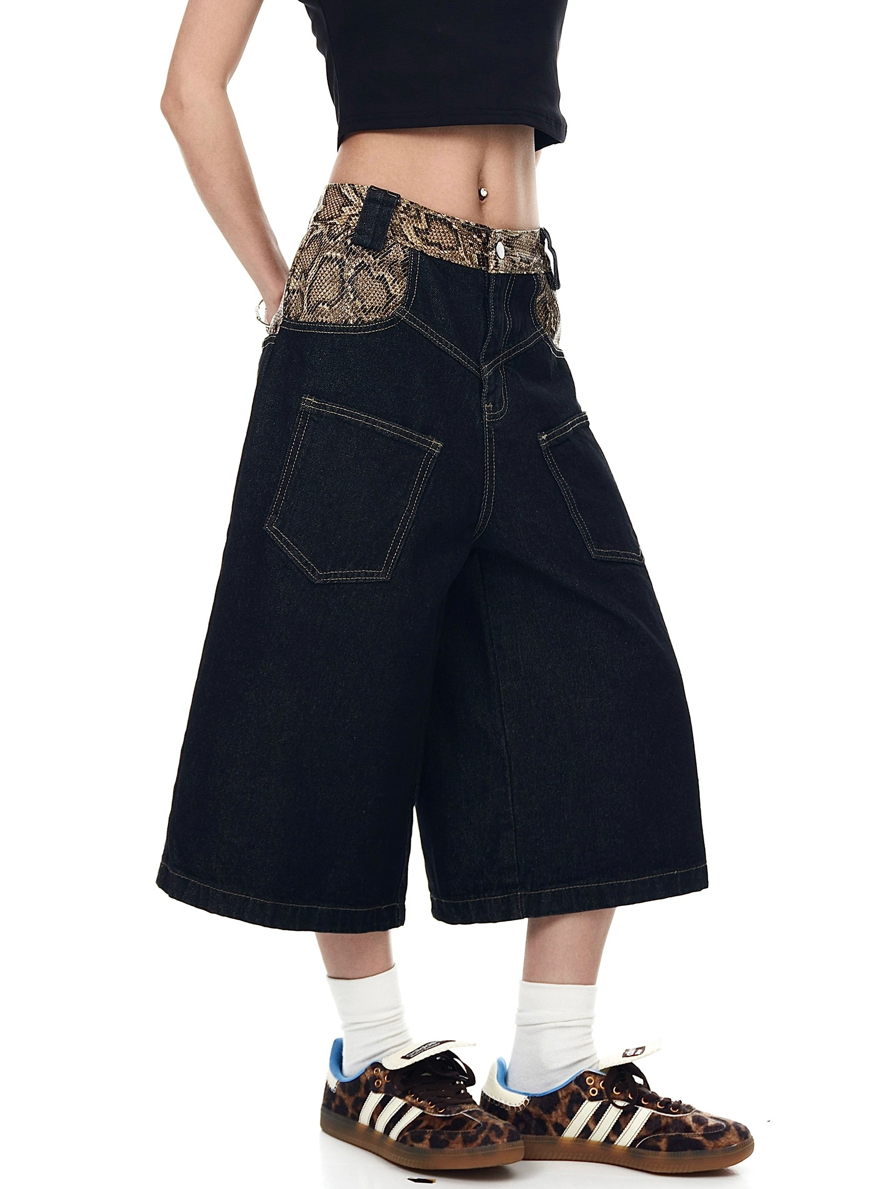 BLACKLISTS Primary Color Stitching Python Denim Shorts