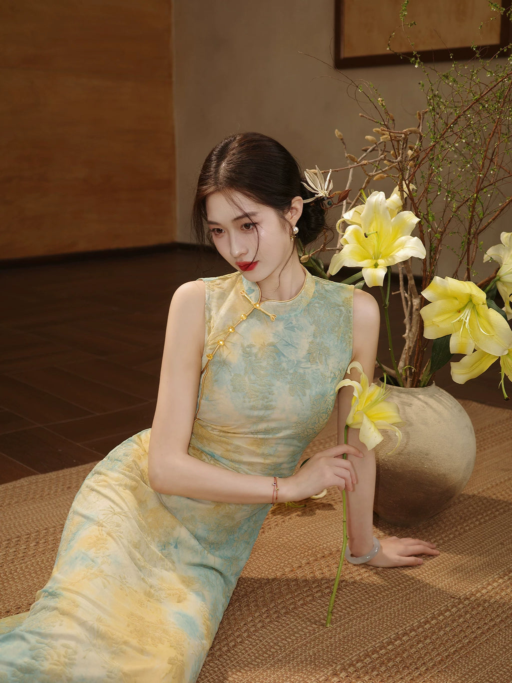 ZIHE Smudged Stretch Cheongsam Slim Sleeveless Dress