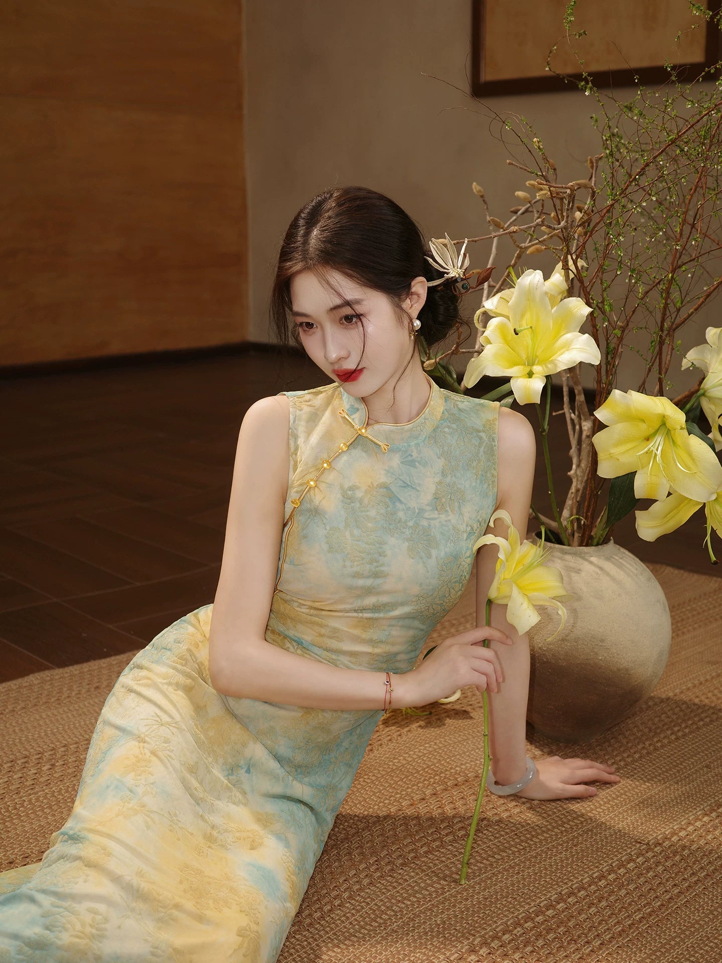 ZIHE Smudged Stretch Cheongsam Slim Sleeveless Dress