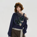 Girlyhalo Vintage Fur Collar Print Slash Shoulder Long Sleeve Sweater