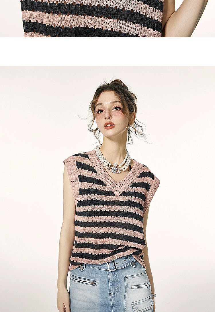 IMONE One Size V-Neck Knitted Striped Vest
