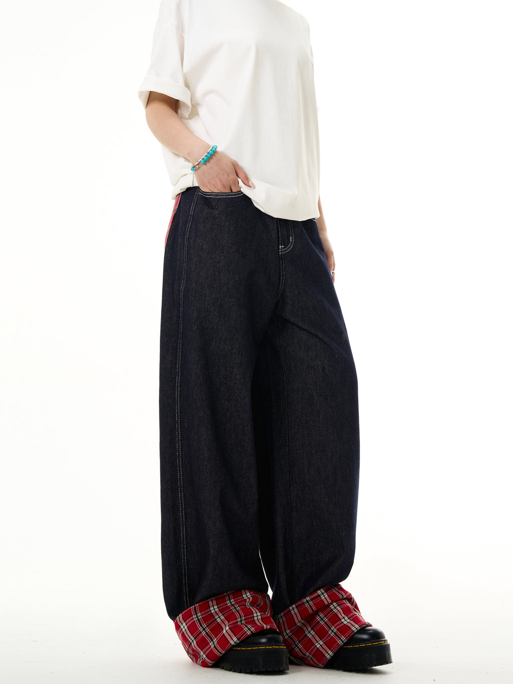 FLYOFF red plaid splicing curled jeans