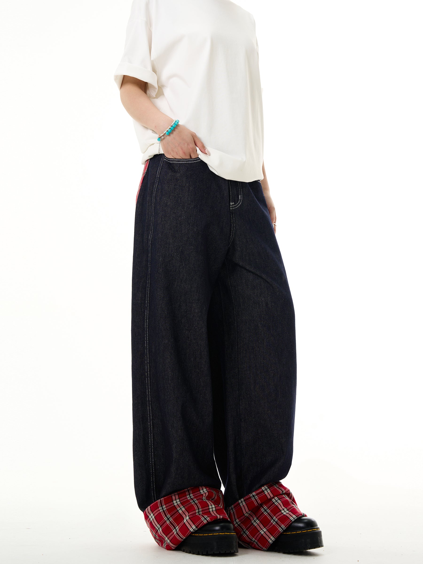 FLYOFF red plaid splicing curled jeans