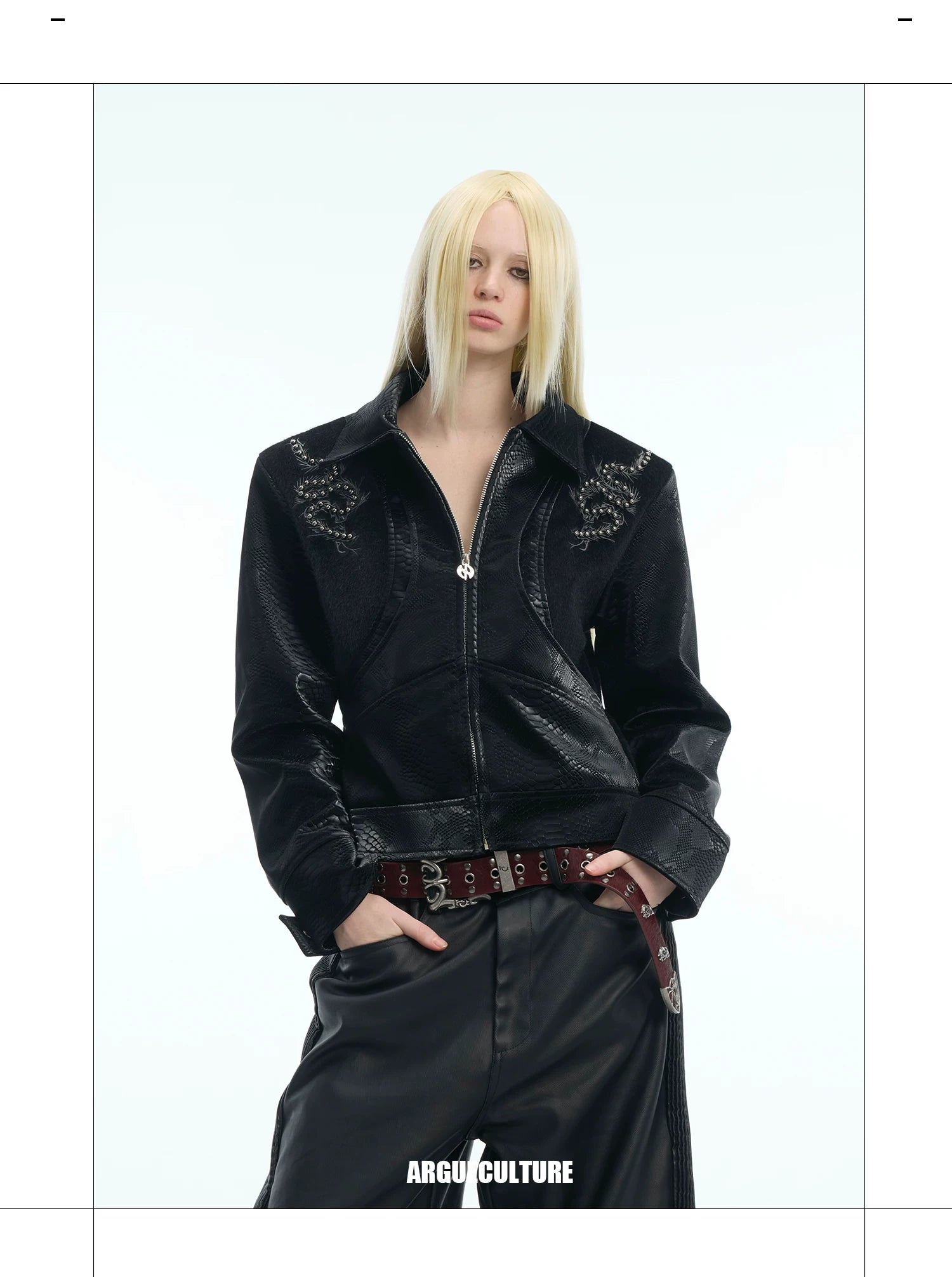 ArguECulturE Snakeskin Stitching Embroidered Slim-fit Leather Jacket