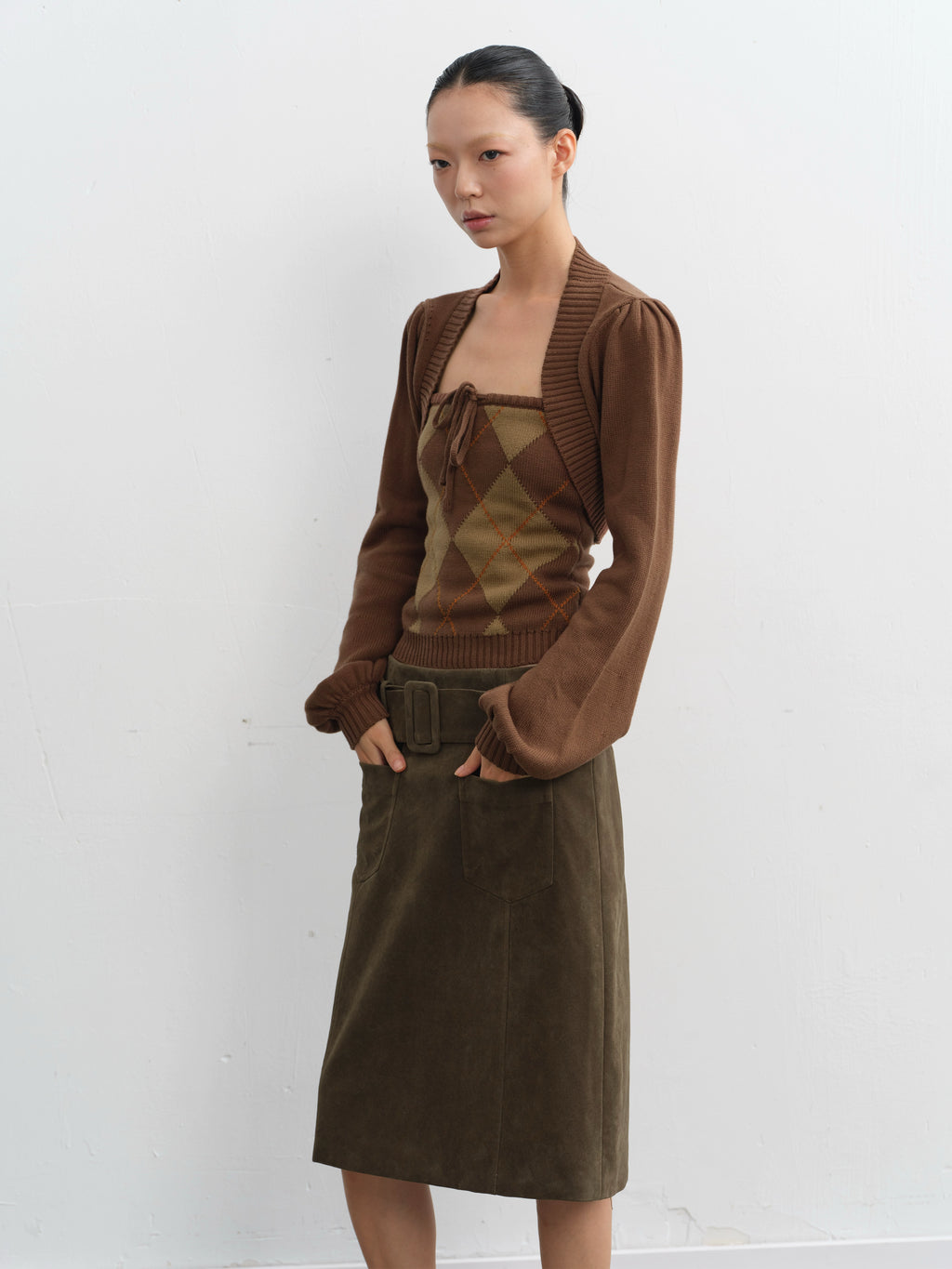 LINY LIBERTY Vintage Diamond Plaid Tube Top Knitted Jacket