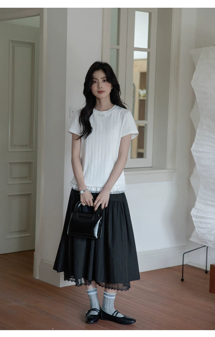 XUJING Front Shoulder Lace Edge Hem Waist Thin Tee