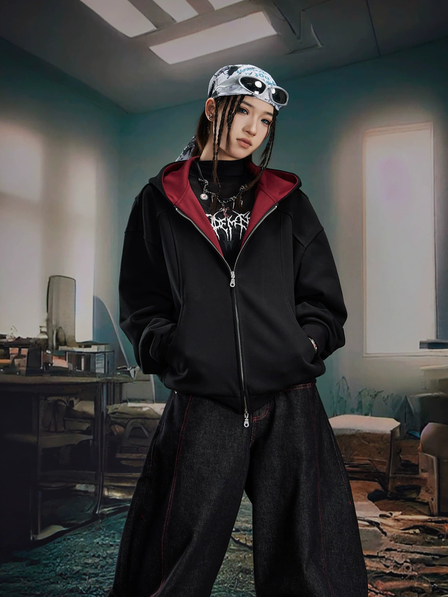 NOMANIAI Simple Casual Splicing Contrasting Color Loose Zipper Knitted Cardigan