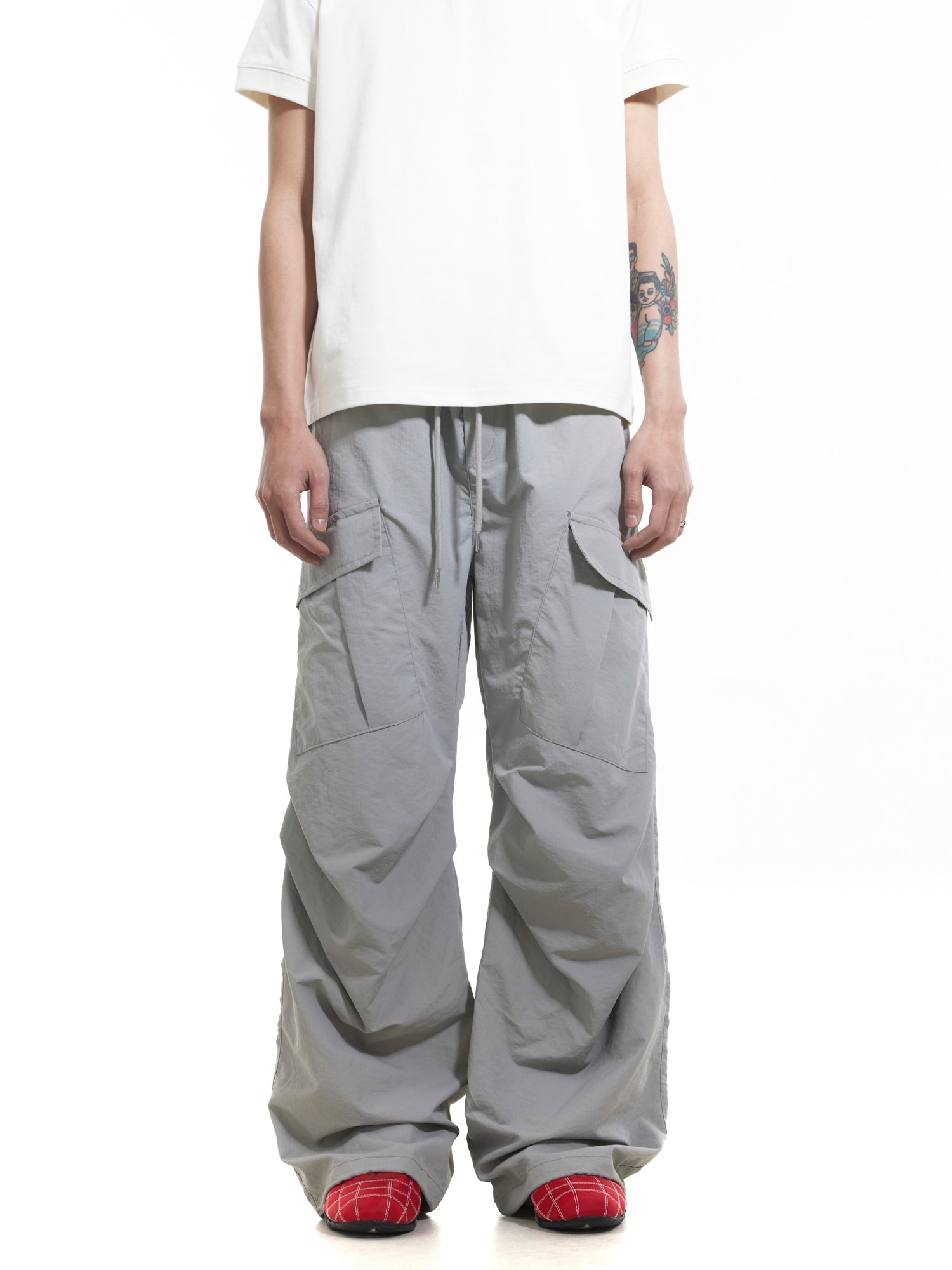BTSG Pleated Drawstring Multi-Pocket Nylon Paratrooper Pants