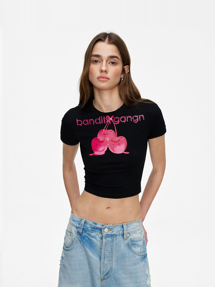 BGT Love Cherry Print Round Neck Tee