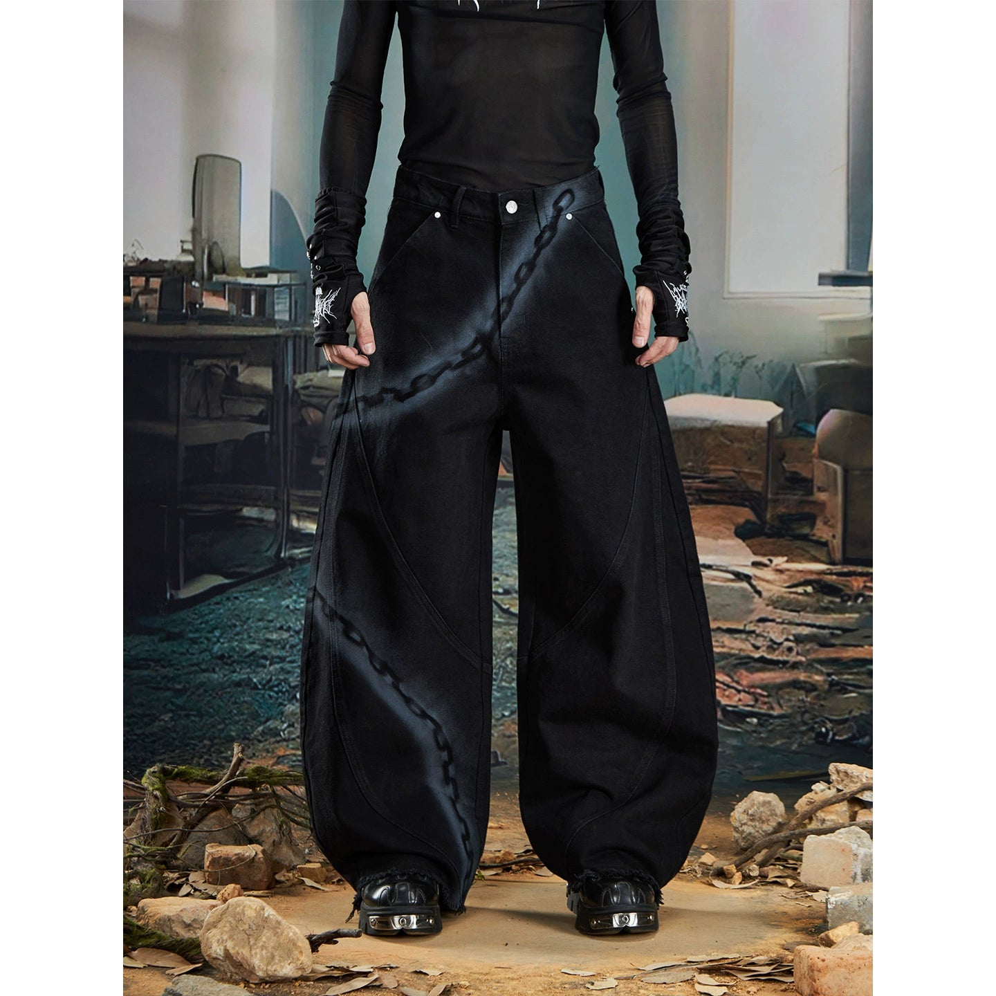 NOMANIAI Inkjet Graffiti Wide-leg Scimitar Jeans