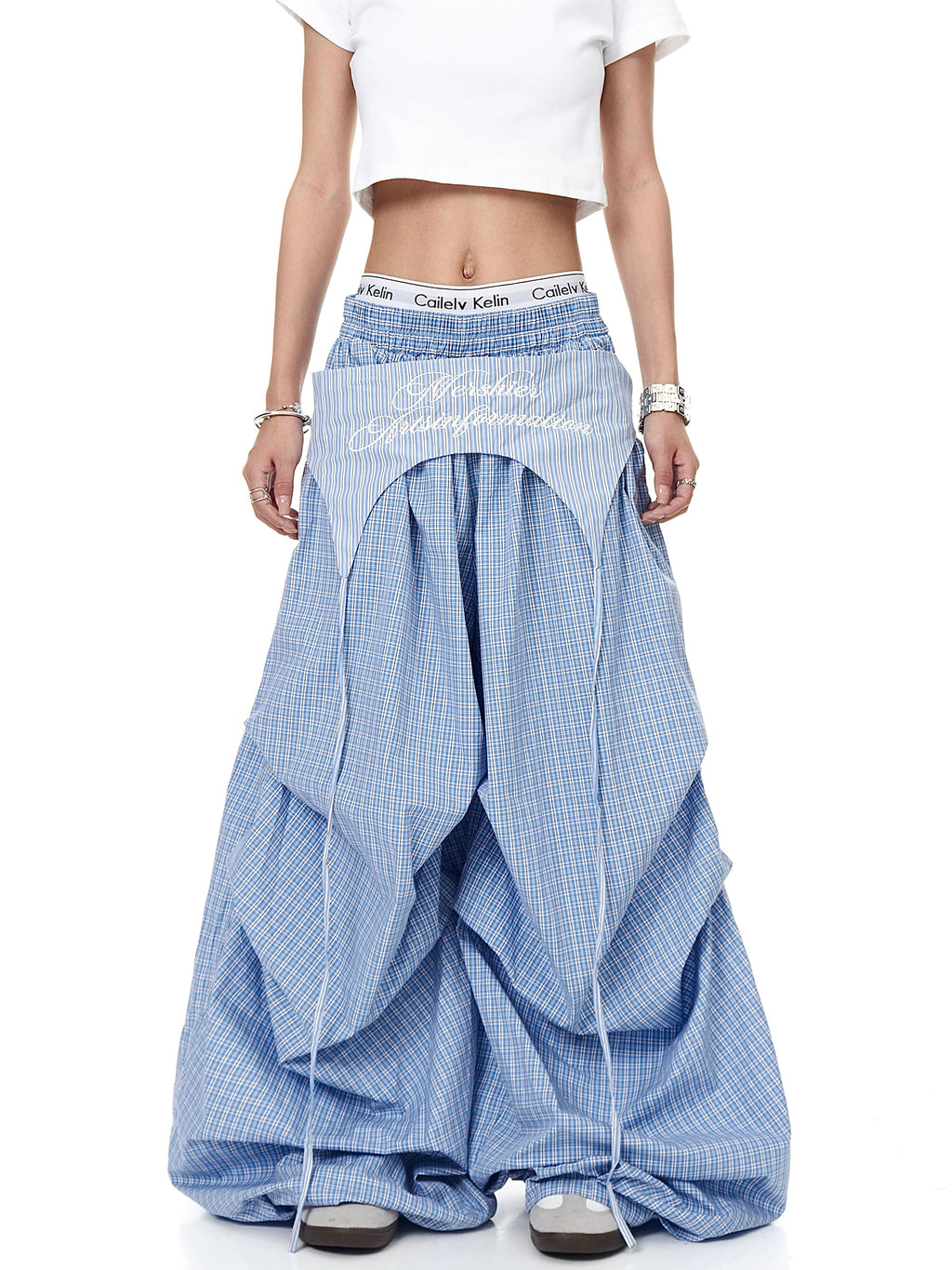 Mershier Retro Lazy Wind Fart Curtain Stacked Plaid Wide-leg Pants