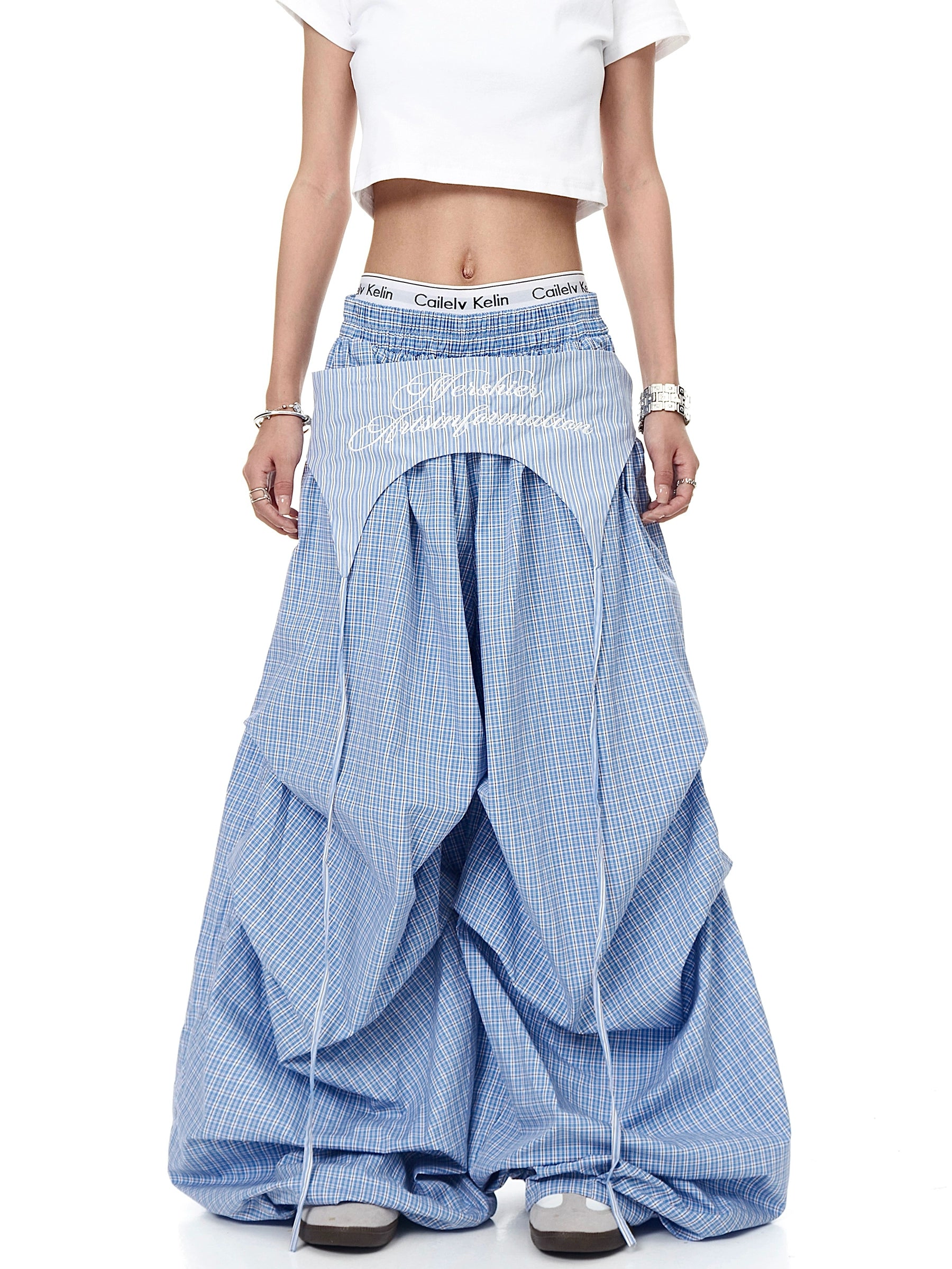 Mershier Retro Lazy Wind Fart Curtain Stacked Plaid Wide-leg Pants