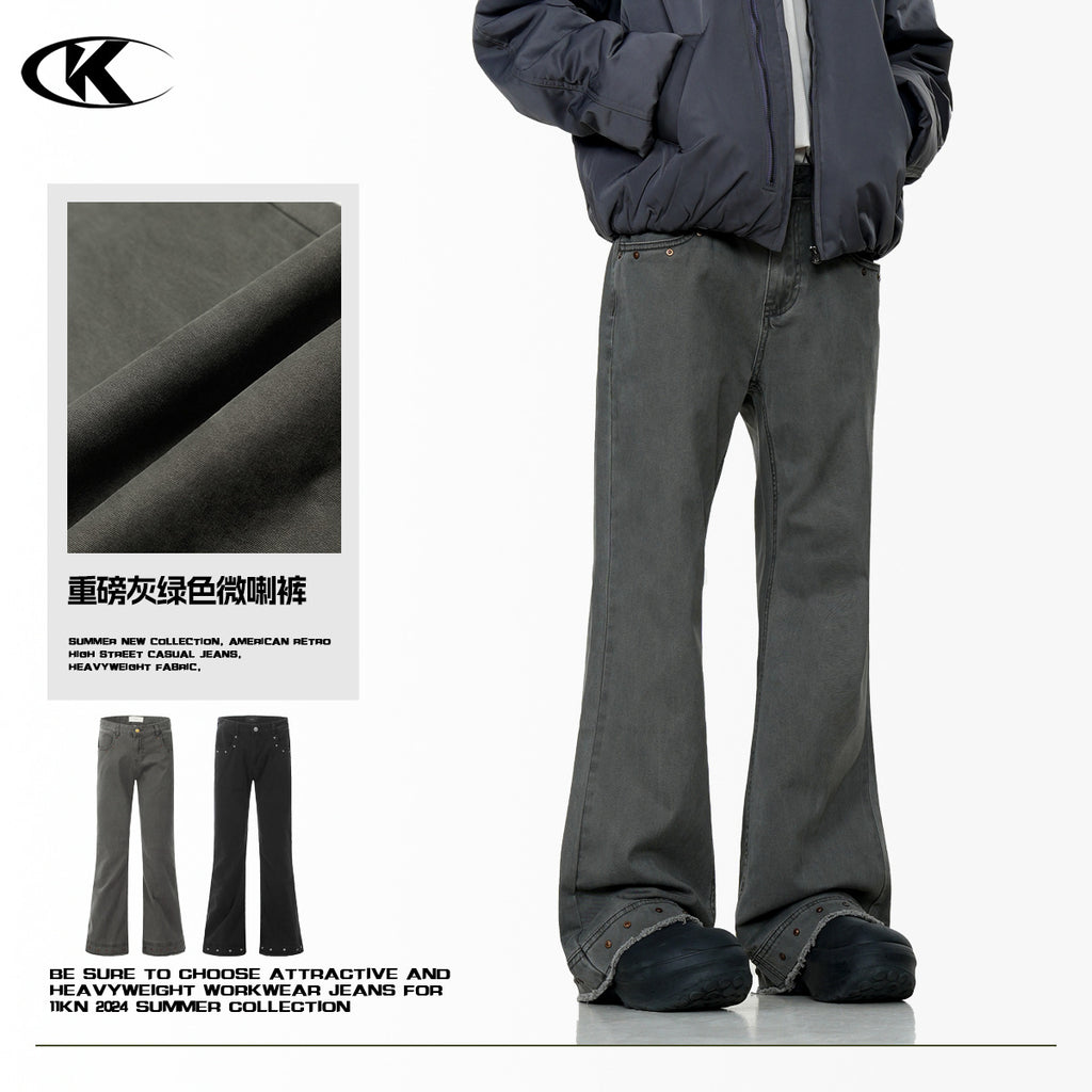 11KN gray-green riveted slim jeans