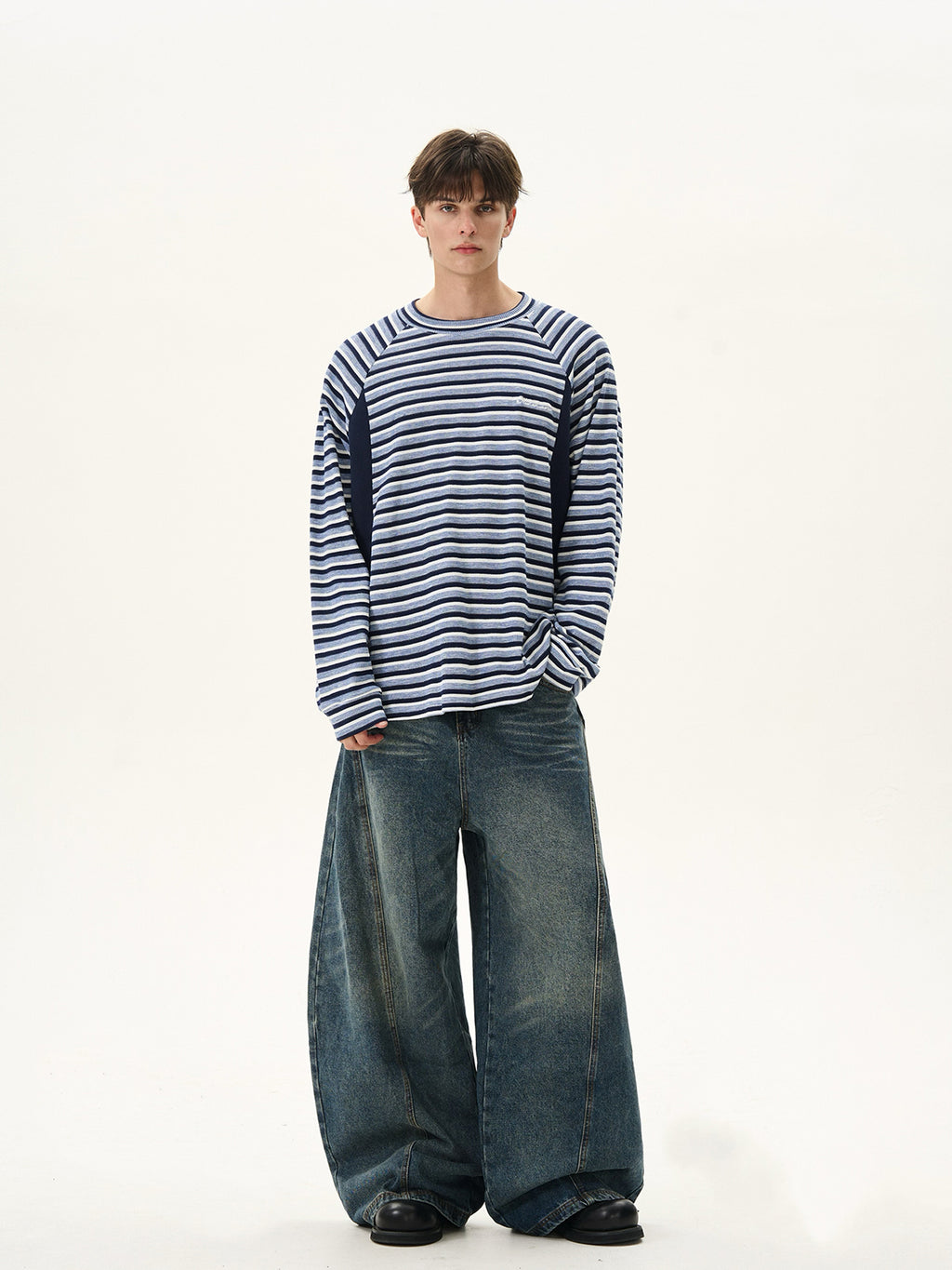 BTSG splicing striped texture waffle crew neck long-sleeved Tee