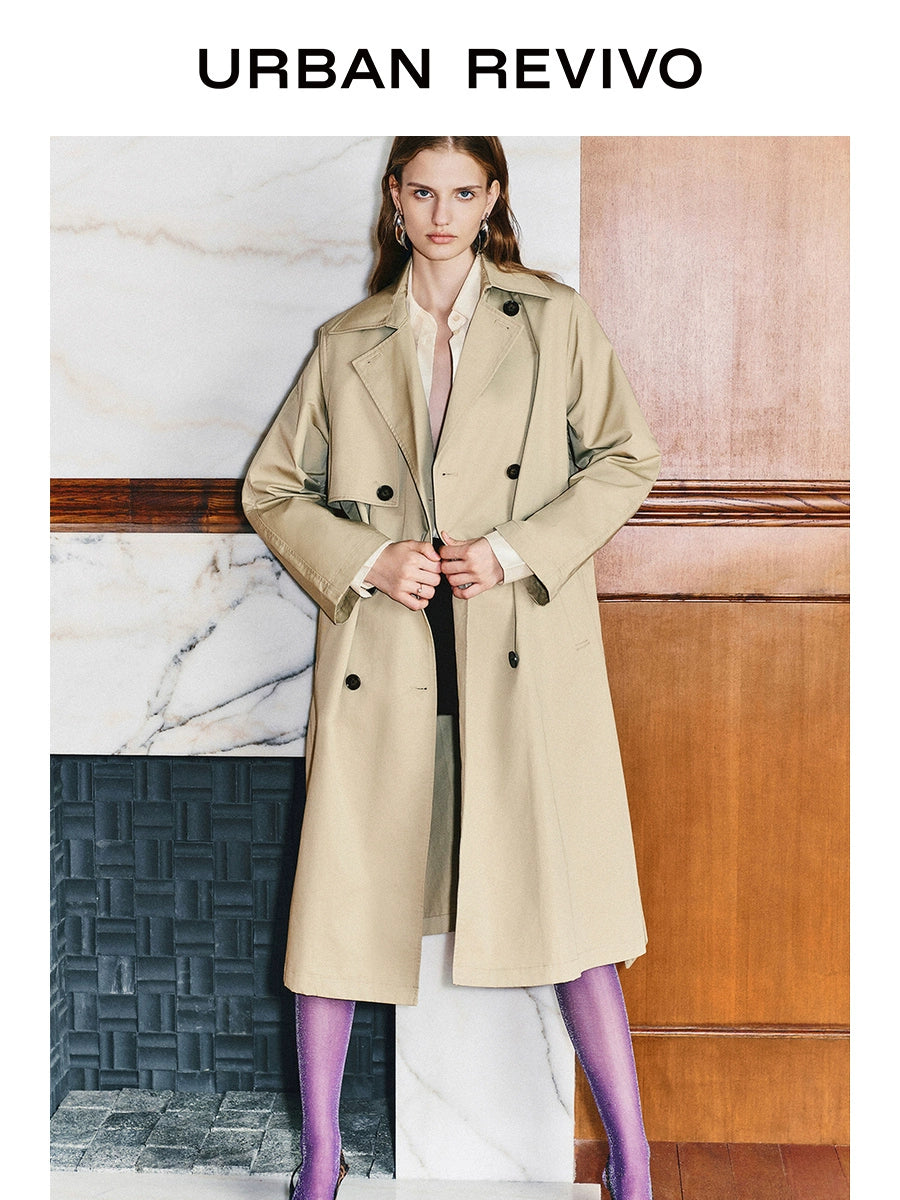 URBAN REVIVO Temperament British Style Double-breasted Waist Long Trench Coat
