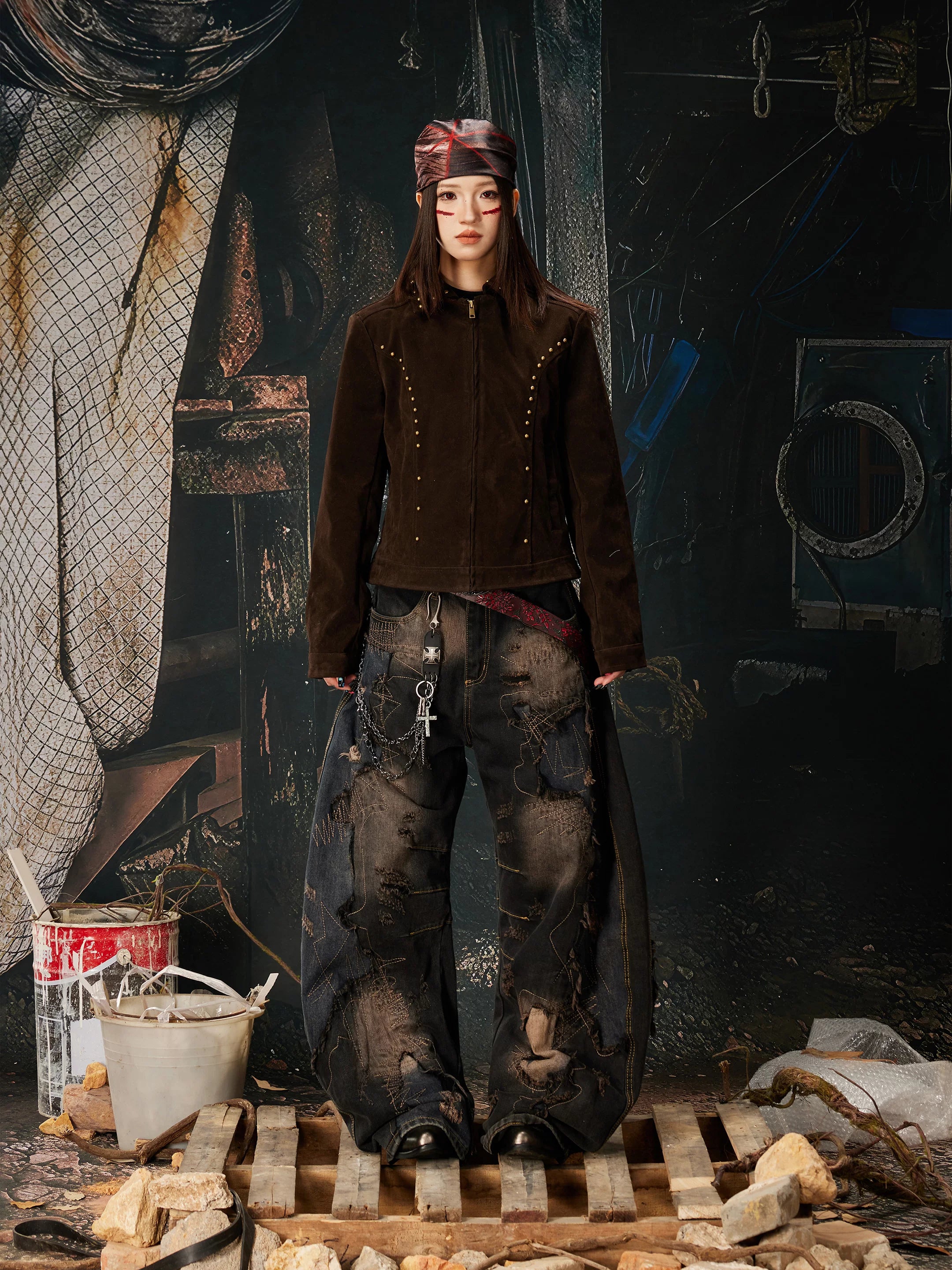 NOMANIAI Fleece Vintage Slim-fit Rivet Stand-up Neck Zipper Jacket