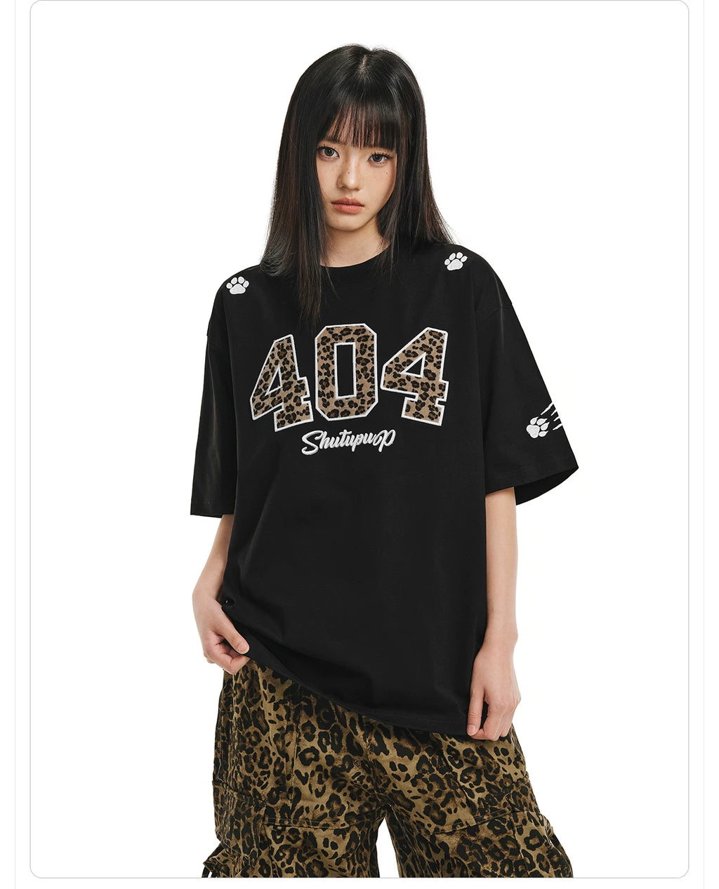 404MOB Leopard Print Horse Hair Embroidery Casual Tee