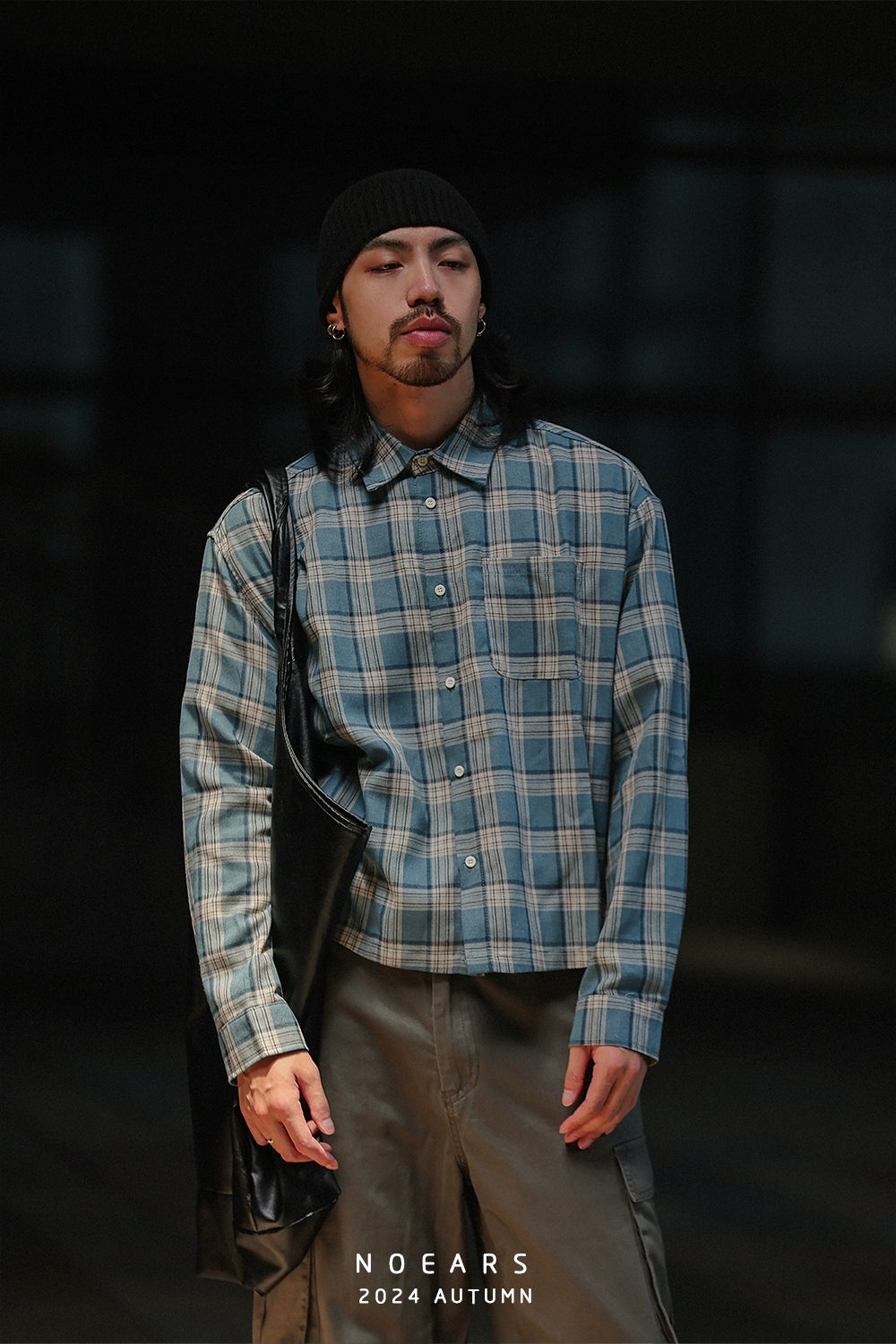 NOEARS Japanese Retro Plaid Loose Long-sleeved Square Neck Shirt