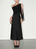 NEVA HU Satin V-neck Shawl Halter Suspender Dress