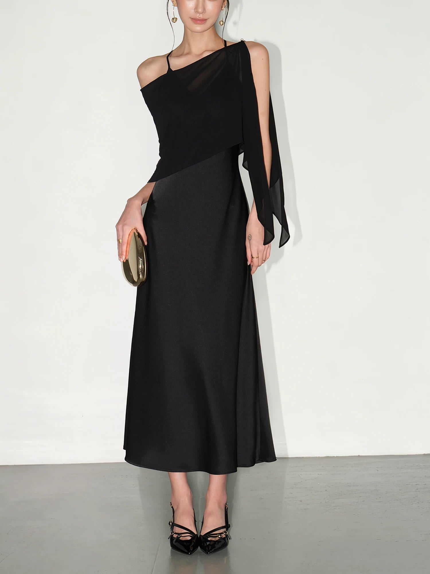 NEVA HU Satin V-neck Shawl Halter Suspender Dress