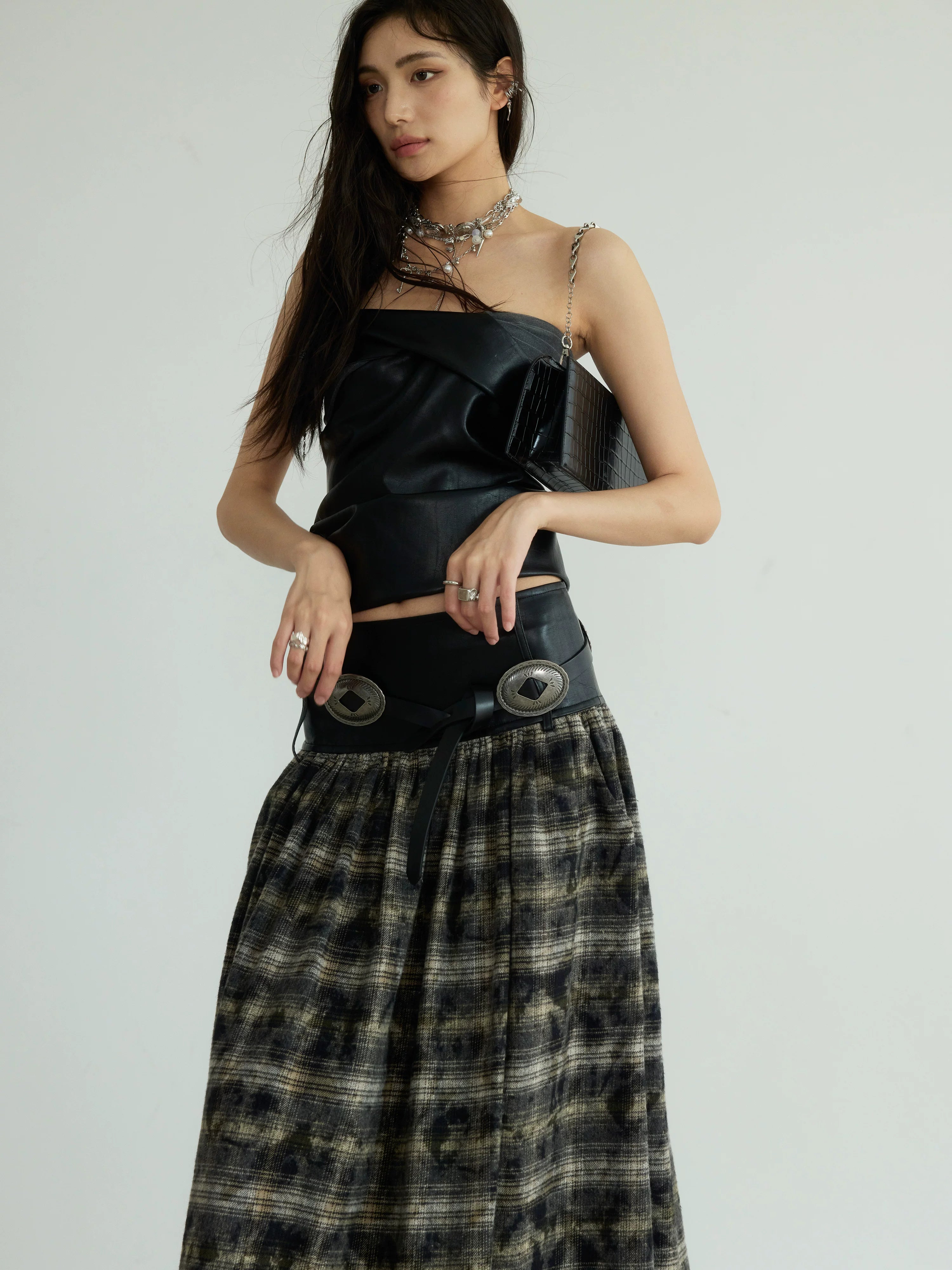 JNYLON Retro Plaid Super Long Skirt