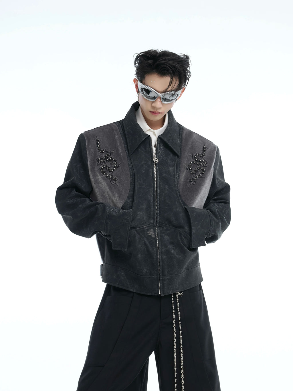 ArguECulturE Snakeskin Stitching Embroidered Slim-fit Leather Jacket