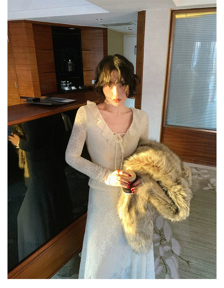 KELIFAN Vintage V-neck Lace Top Skirt Set