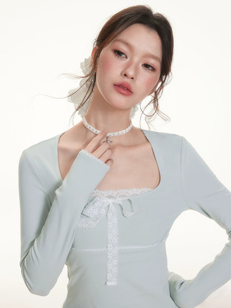 Imone Lace Splicing Bow Strap Square Neck Long Sleeve