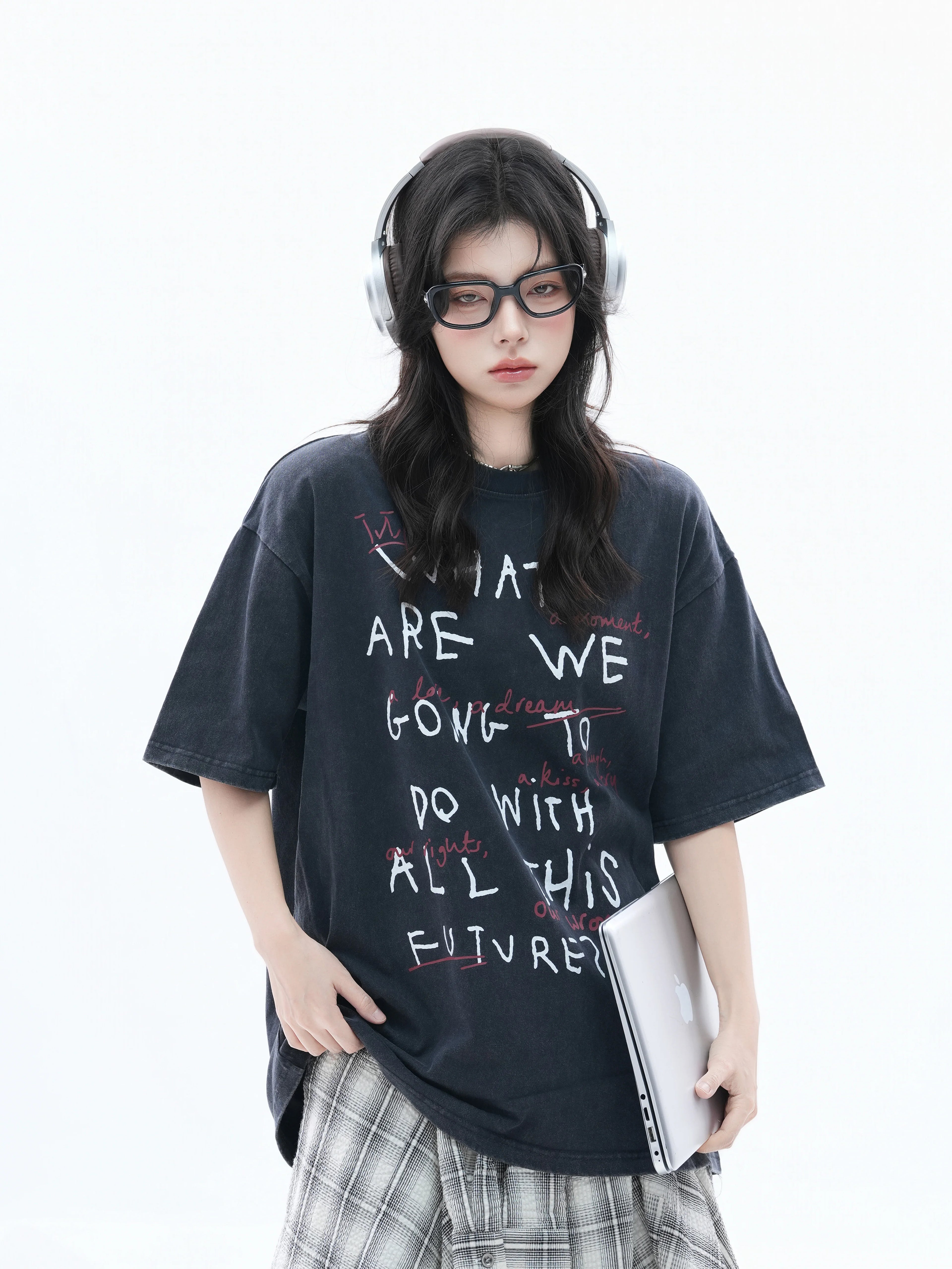 Zuocisankon Retro Fun Print Crew Neck Tee