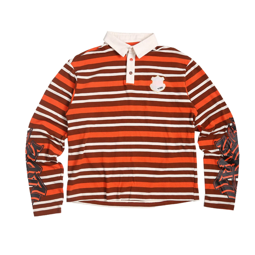 TREclub Vintage Striped Embroidered Epaulettes Polo Shirt Long Sleeve