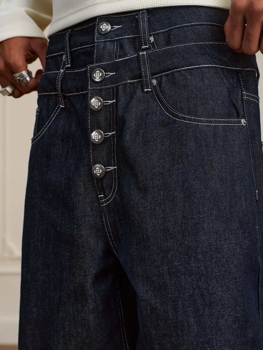 YADcrew Retro Vintage Black Wash Heavy Double Waist Micro Pull Jeans