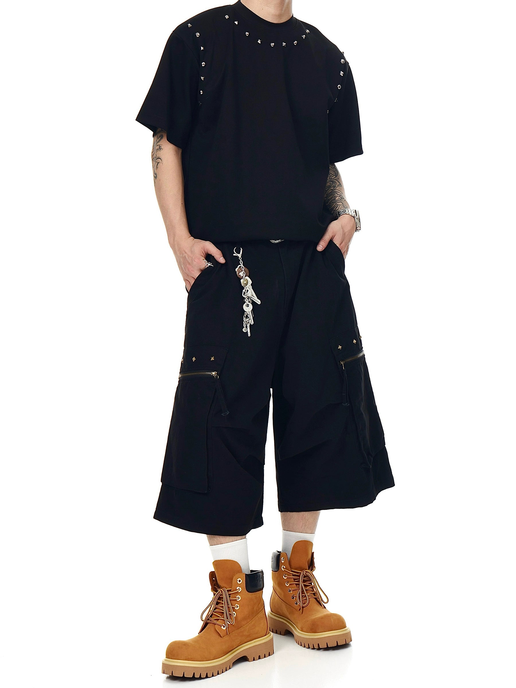 BLACKLISTS Pleated Rivet Multi-pocket Tooling Cropped Pants