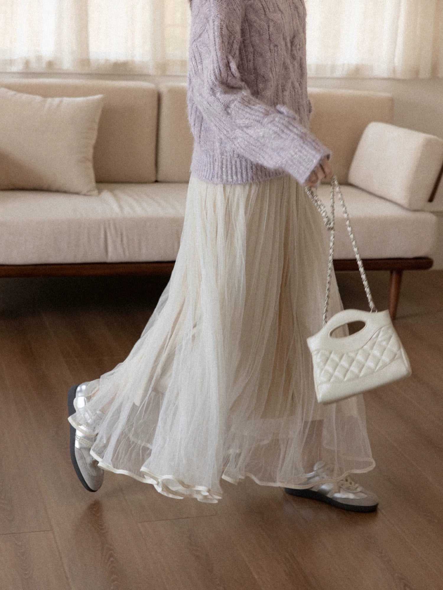 Cantonstory Temperament High Waist Thin Mesh A Word Skirt