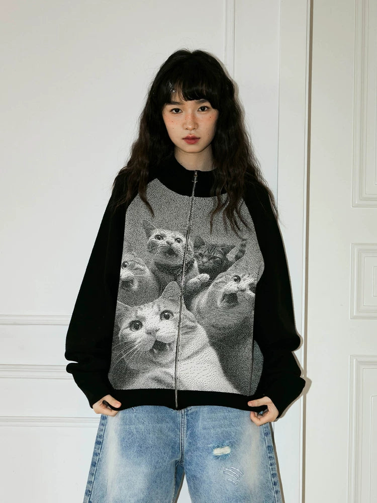 MoodLikeMe Cat Jacquard Ragged Lapel Cardigan Sweater