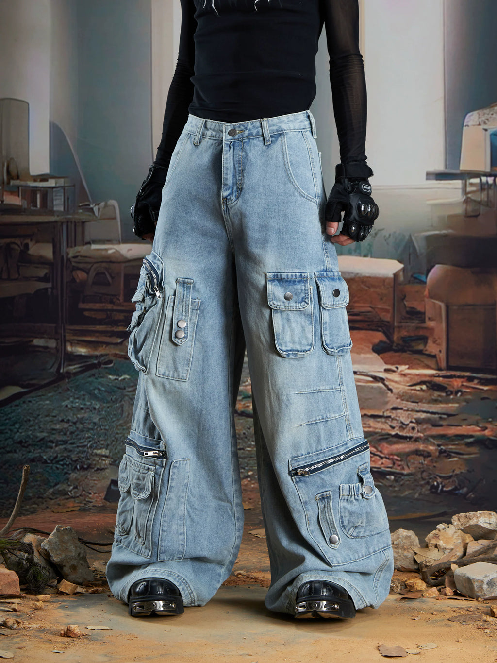 NOMANIAI Multi-pocket Washing Water To Make Old Straight Jeans