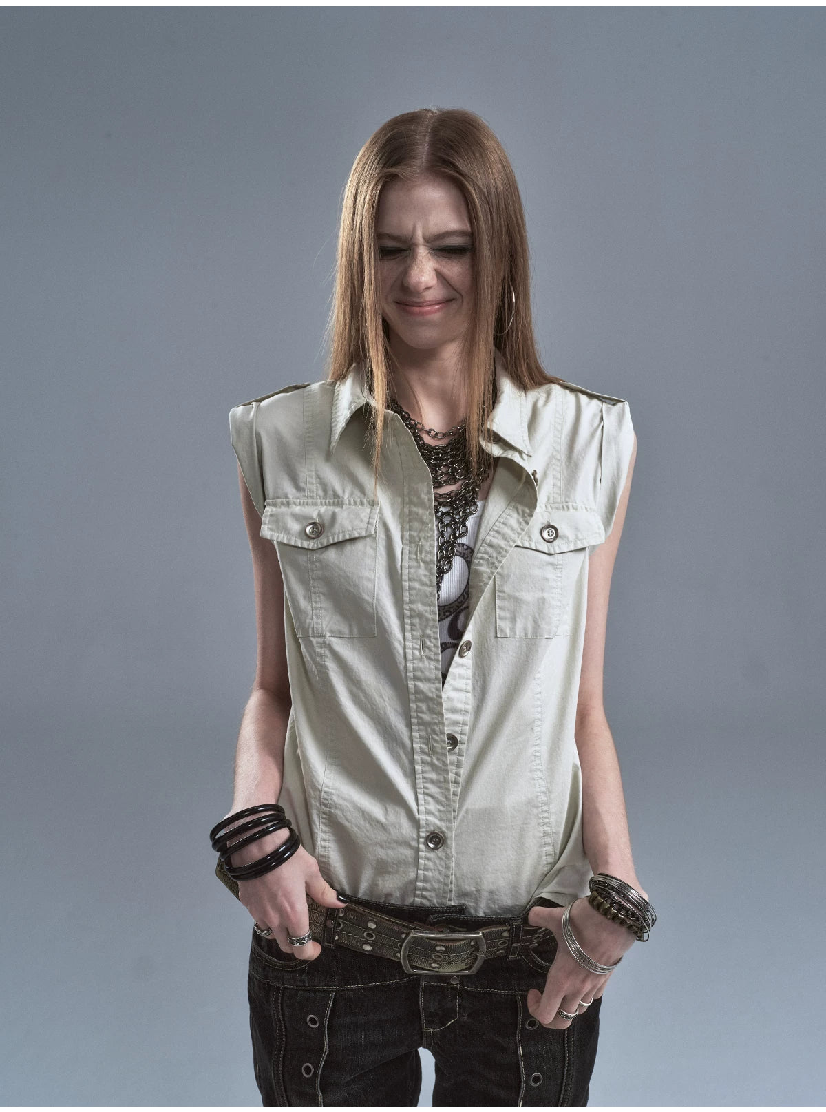 WearAndtear Rivet Metal Button Sleeveless Shirt