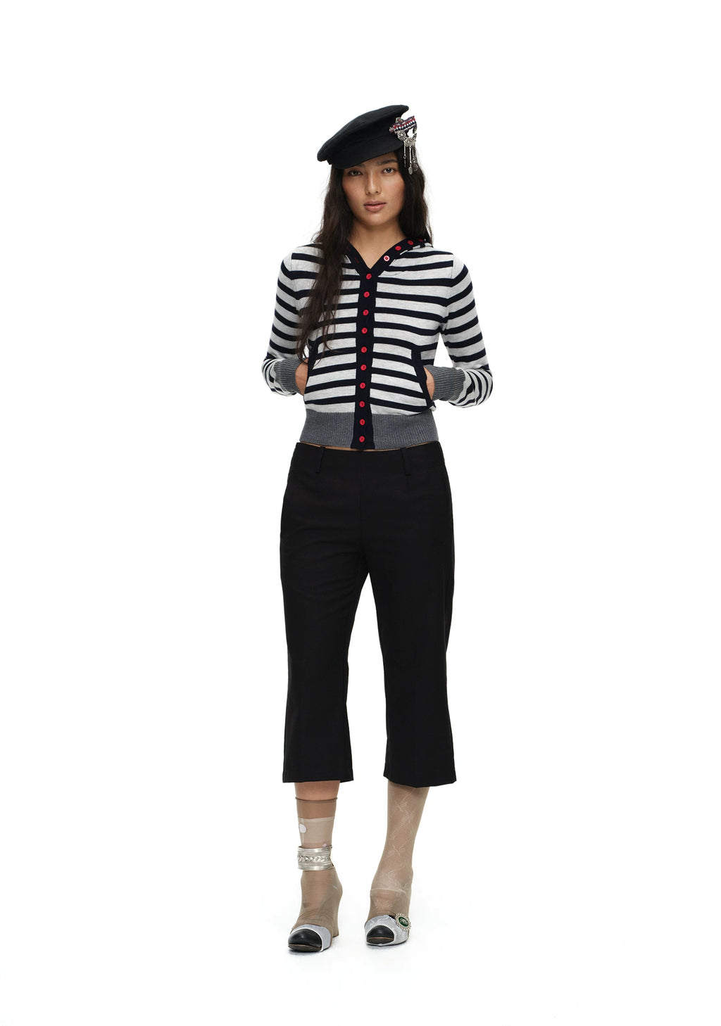 Oinimi Striped Color-blocked Hooded Knit Cardigan