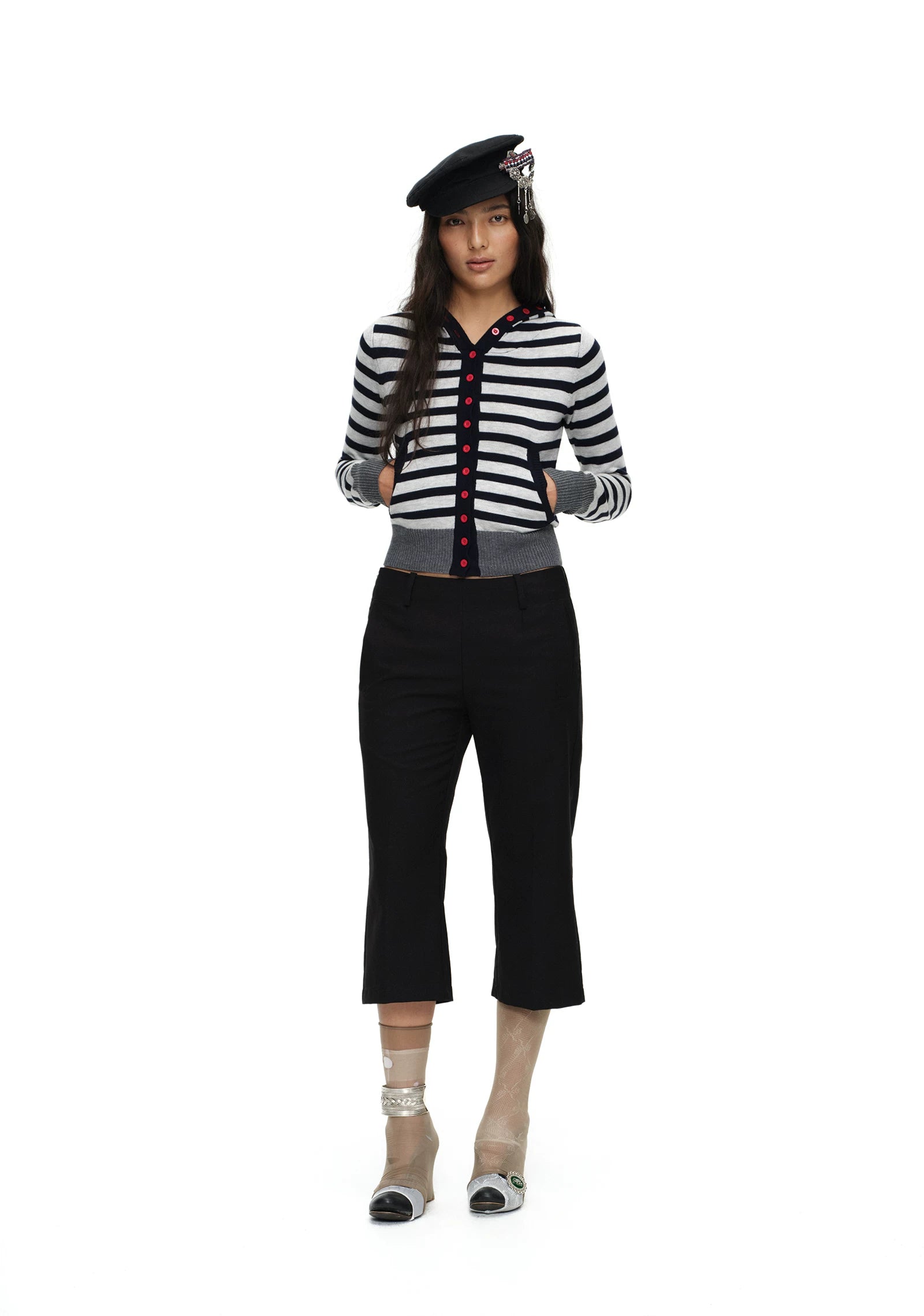 Oinimi Striped Color-blocked Hooded Knit Cardigan