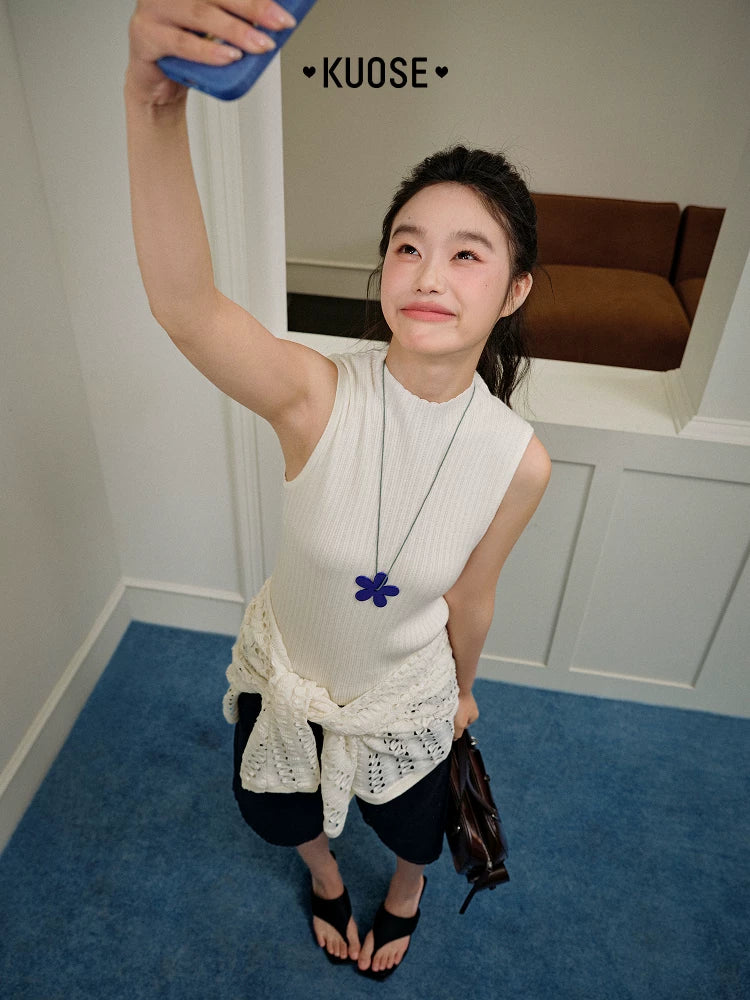 Kuose Lace Hollow Blouse Suspender Knitted Set