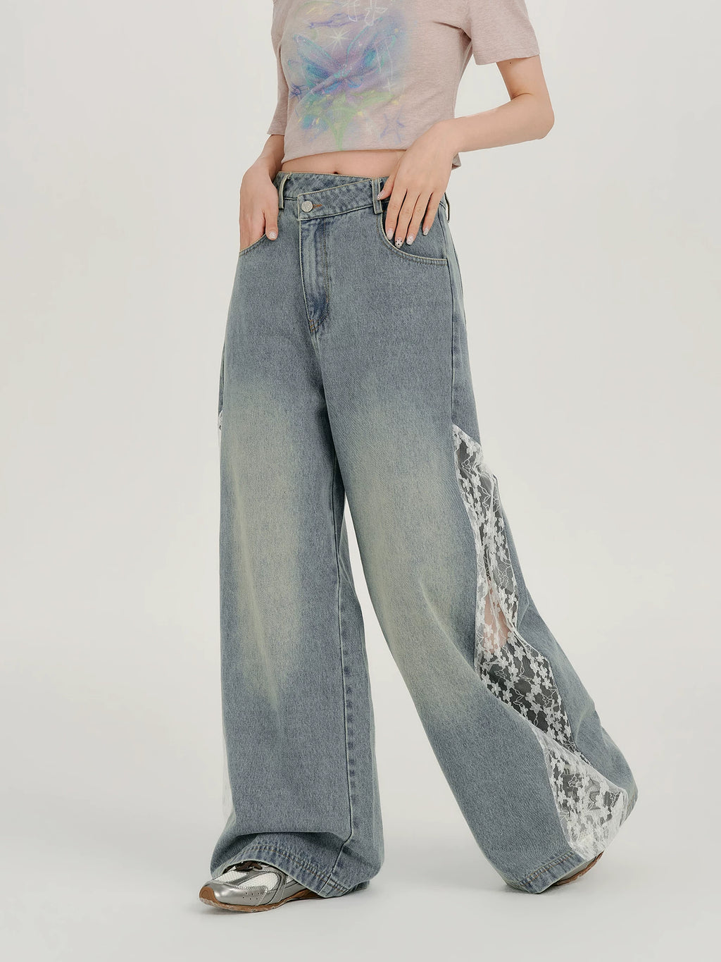 Girlyhalo Vintage Lace Patchwork Wide Leg Jeans