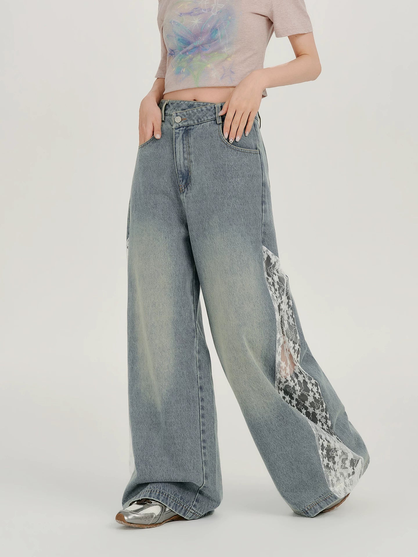Girlyhalo Vintage Lace Patchwork Wide Leg Jeans