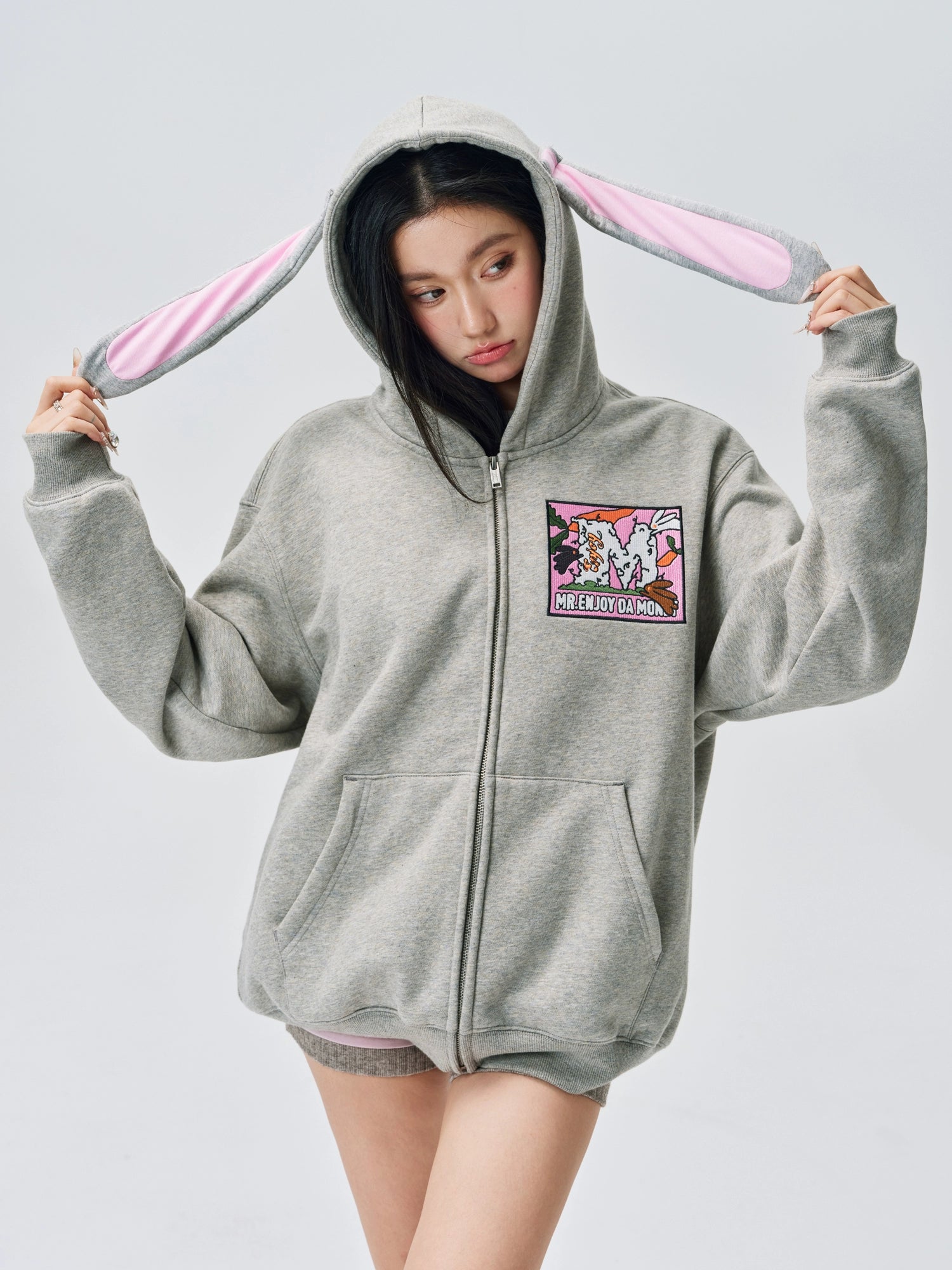 MEDM Rabbit Ear Sweet Cool Velcro Fleece Zipper Hooded Sweater