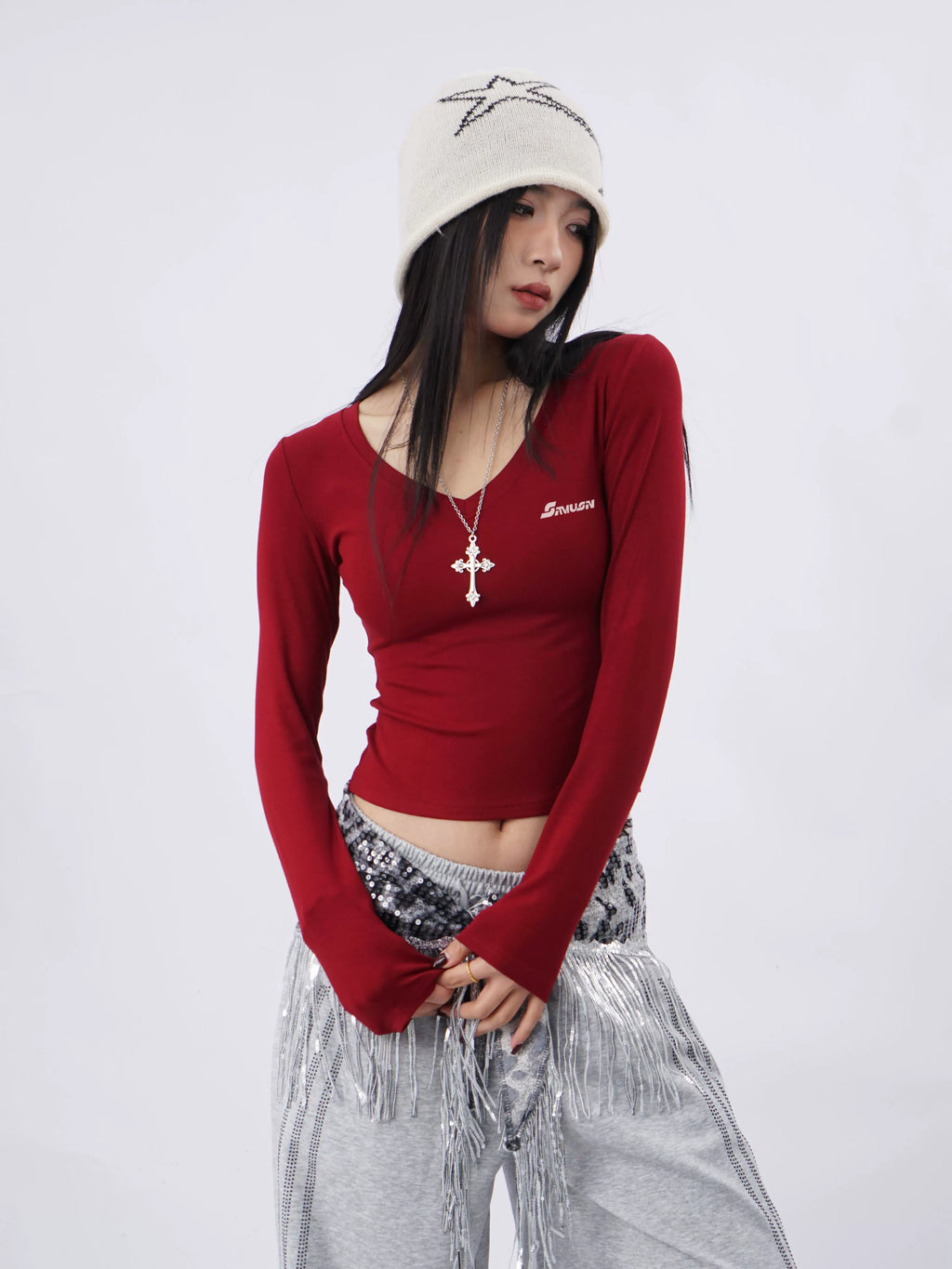 SAMUSAN Hot Diamond Letter V-Neck Slim Short Long Sleeve