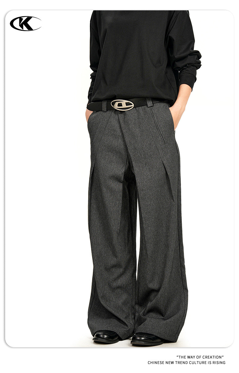11KN Retro Three-dimensional Pleated Diagonal Placket Casual Trousers