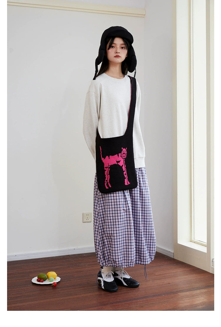 Mood Like Me Knitted Yarn Pink Cat Illustration Jacquard Crossbody Bag