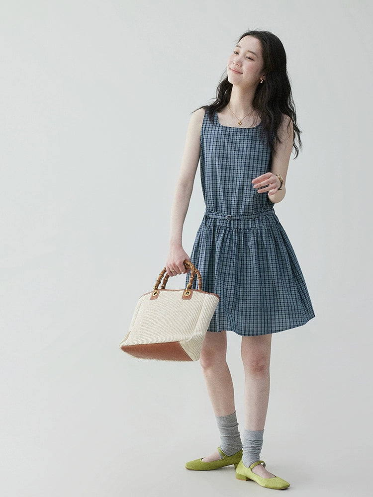 VOOE Retro Contrasting Plaid Waist Strap Dress