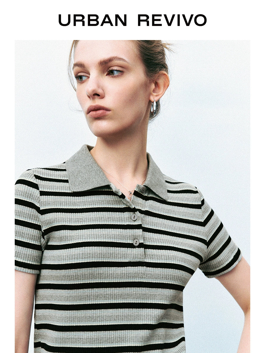 URBAN REVIVO College Color Contrasting Striped T-shirt Polo Shirt