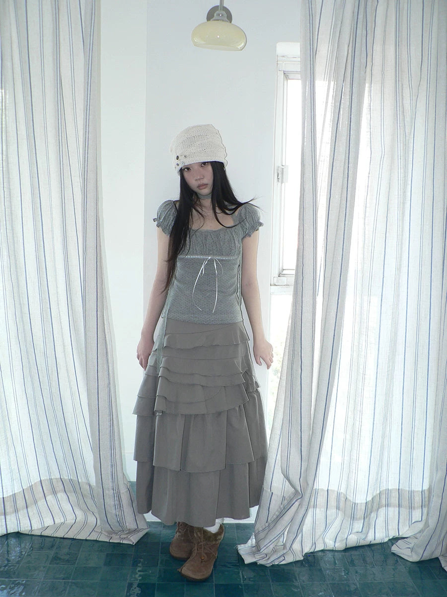 Ang: Project Polka Dot Square Neck Pleated Lace Edge Tee