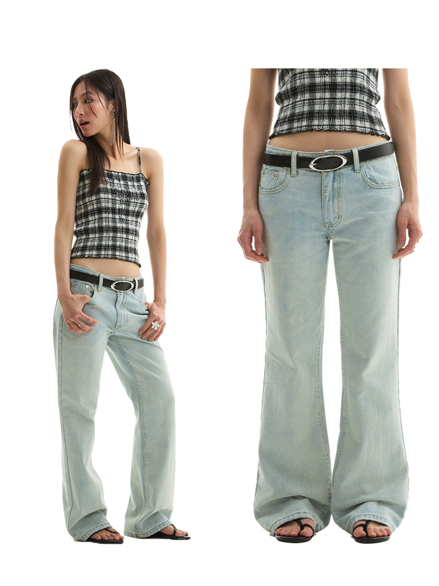 FUNKYFUN Medium and Low Waist Straight Tube Old Jeans